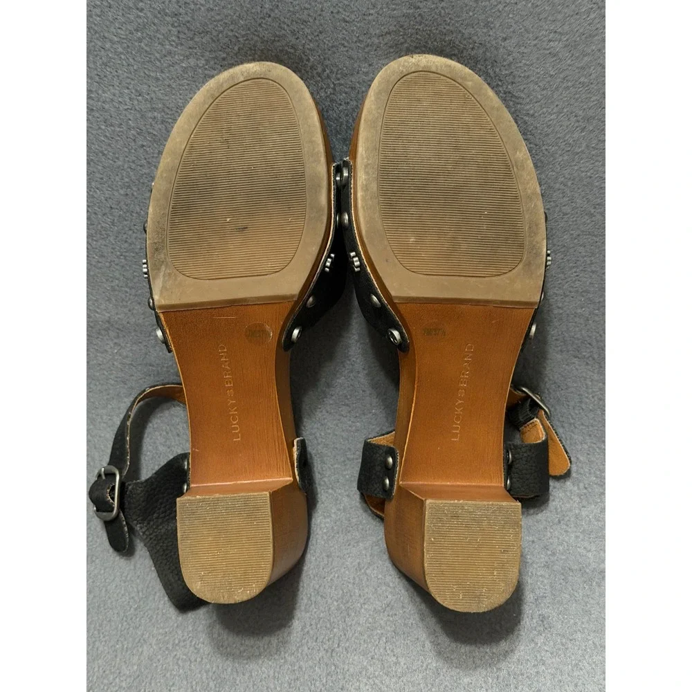 Lucky Brand Black Leather Wooden Block Heel Studded Ankle Strap Sandals 7M 37.5